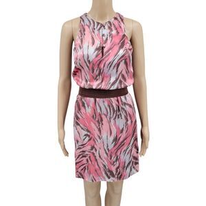 Carlos Miele Silk Sleeveless Midi Dress Pink and Brown Cinched Waist